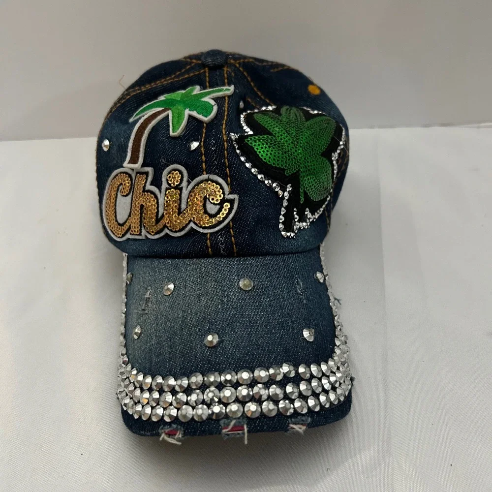 Denim Chic Baseball Cap Rhinestone Palm Tree Sequin Novelty Hat- see pics